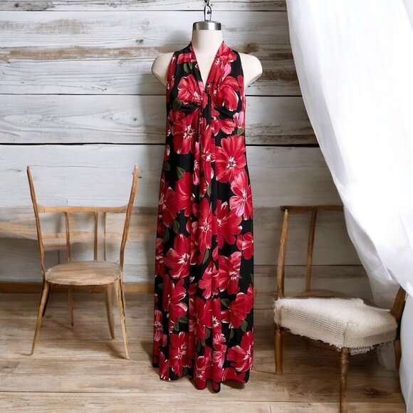 Gigi Womens Maxi Dress Size 12  Halter Red Tropical Floral Resort Wear Beachy - Picture 1 of 10